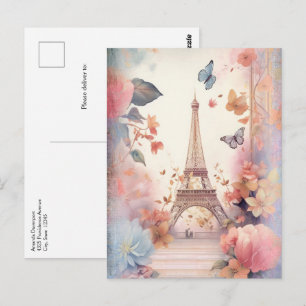 Postal Mariposas y flores de la Torre Eiffel