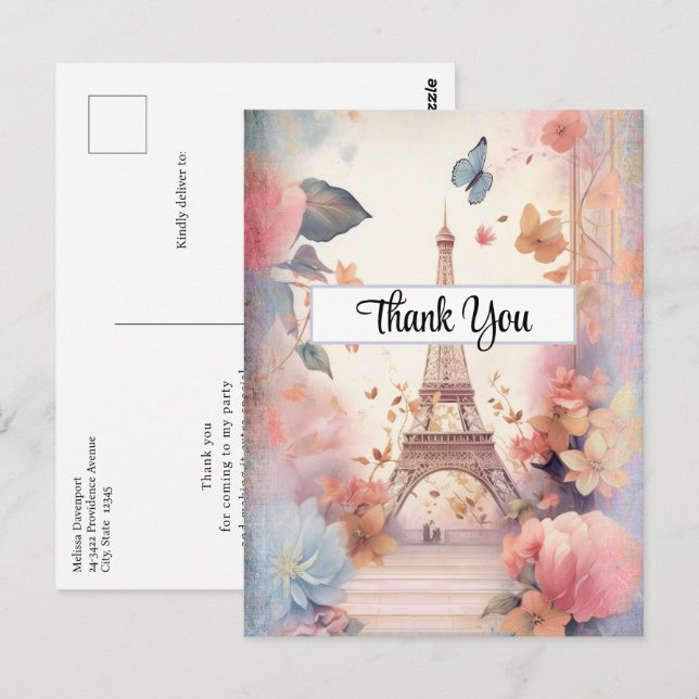 Postal Mariposas y flores de la Torre Eiffel Gracias (Anverso / Reverso)