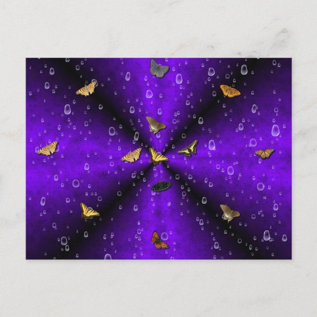 Postal Mariposas y gotas de lluvia en el arcoiris púrpura (Anverso)
