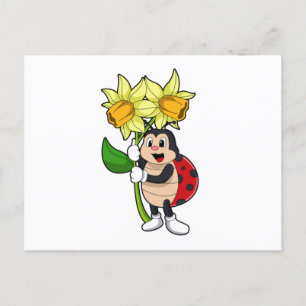 Postal Mariquita con flor Narciso