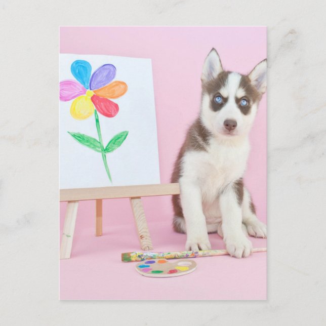 Postal Mariquita Husky pintando una flor arcoiris (Anverso)