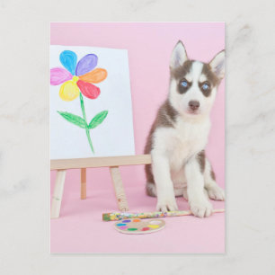 Postal Mariquita Husky pintando una flor arcoiris