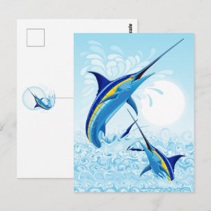 Postal Marlín Azul Saltando fuera del Océano