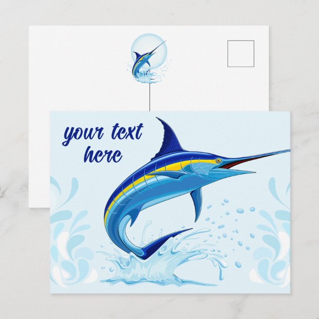Postal Marlín Azul Saltando fuera del Océano (Anverso / Reverso)