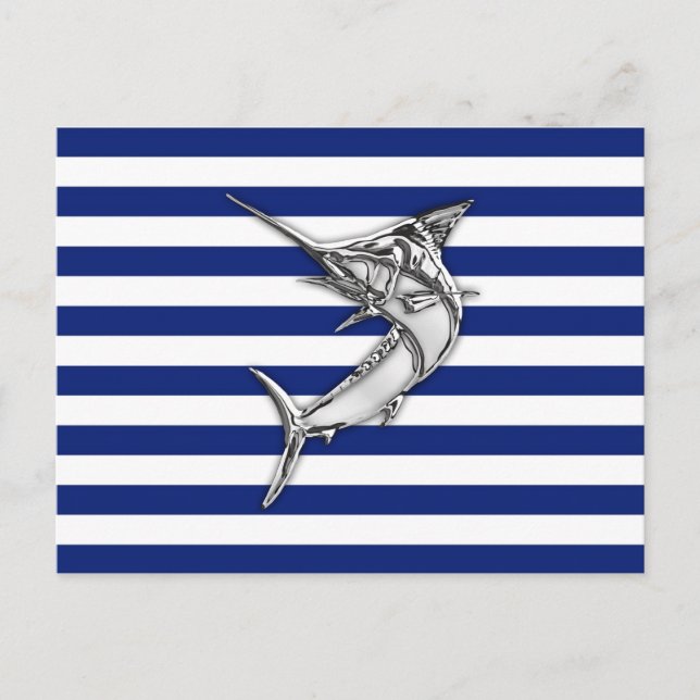 Postal Marlin Swordfish Chrome Style on Nautical Stripes (Anverso)