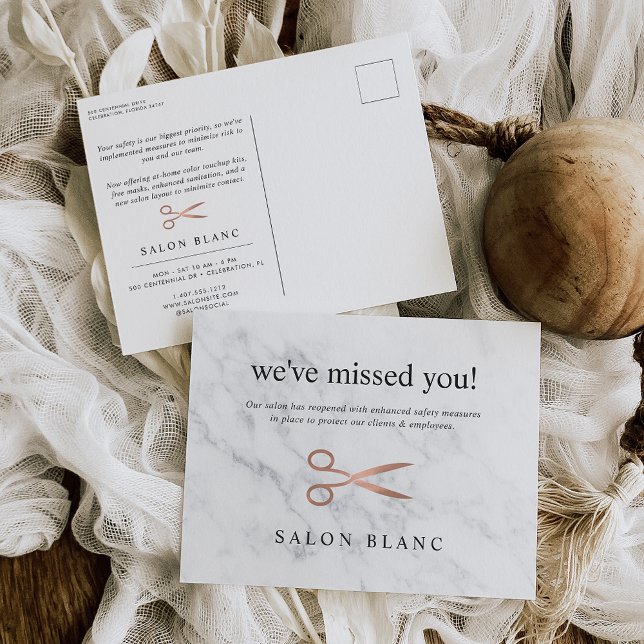 Postal Mármol y oro Rosa | Reapertura de la peluquería (Subido por el creador)