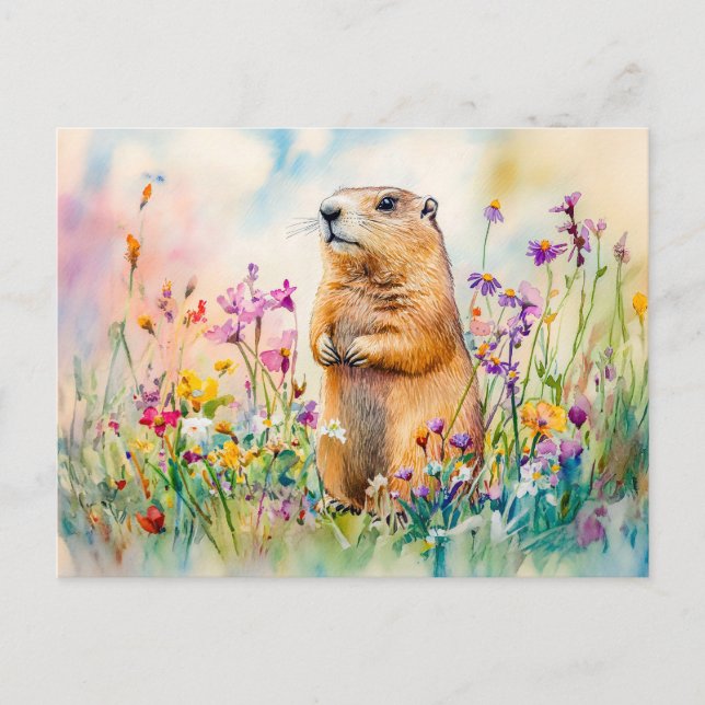 Postal Marmota en una florida pintura acuarela (Anverso)