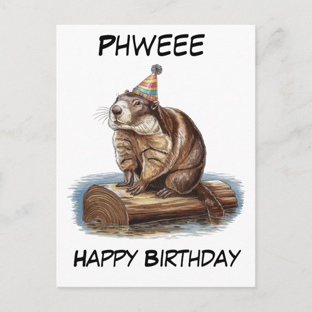 Postal marmota lindo montar log en el cumpleaños del agua (Anverso)