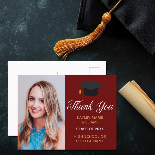 Postal Maroon Gold Graduation Photo Graduate Gracias (Subido por el creador)