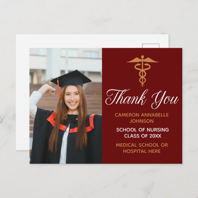 Postal Maroon Gold Graduation Photo Medical Gracias (Anverso / Reverso)
