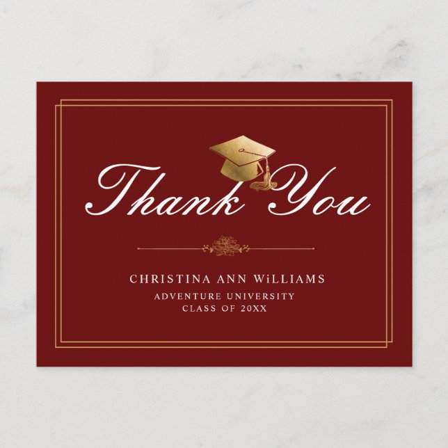 Postal Maroon Gold White Script Graduation Thank You (Anverso)