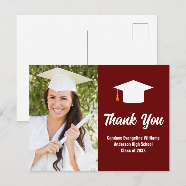Postal Maroon White Graduation Photo Personalizado Gracia (Anverso / Reverso)