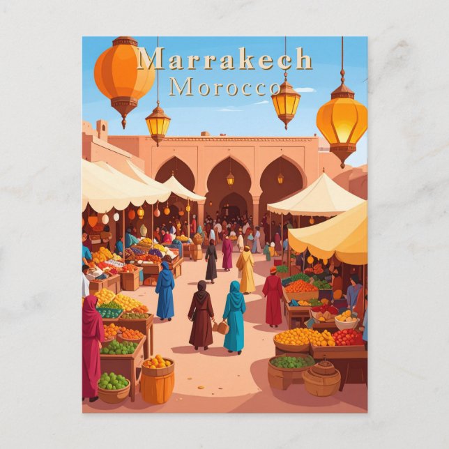 Postal Marrakech Marruecos Mercado Vintage Viaje (Anverso)