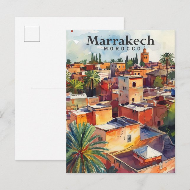 Postal Marrakech Marruecos Pintura Acuarela Viajes (Anverso / Reverso)