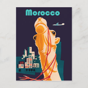 Postal Marruecos, camello delante de la ciudad, vintage