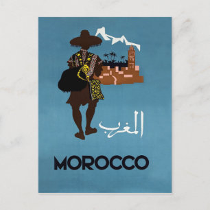 Postal Marruecos, el hombre va a la ciudad, ilustracion