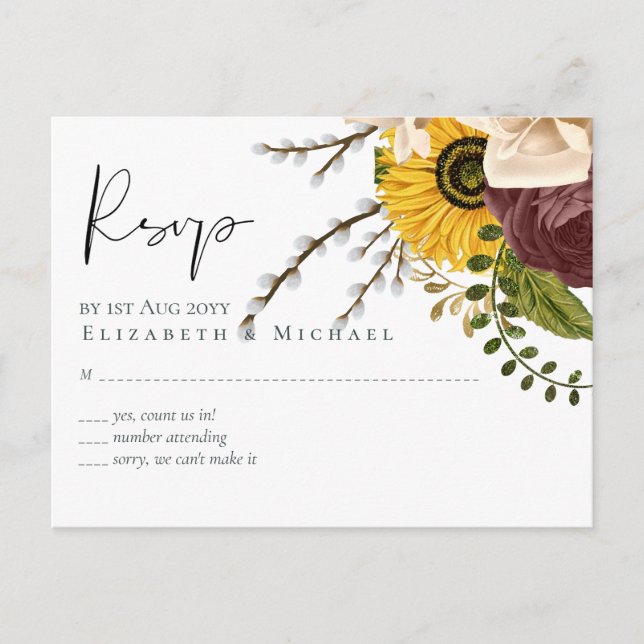 Postal Marsala Rosas Sunflowers Boda barato de presupuest (Anverso)