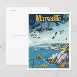 Postal Marsella Francia Ilustracion de viajes de arte vin