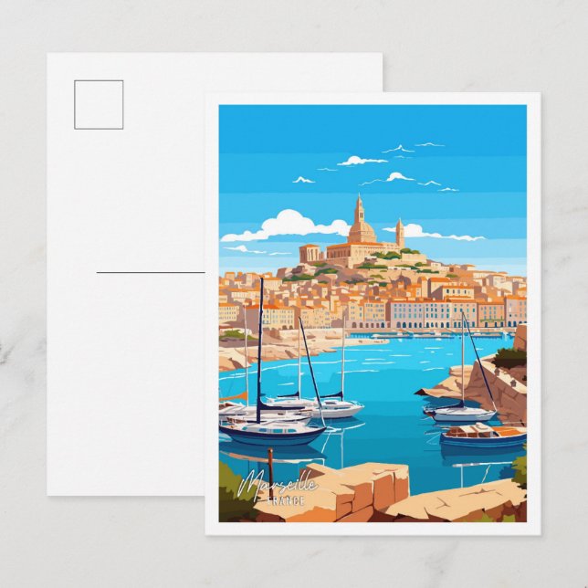 Postal Marsella Francia Ilustracion de Viajes de Arte Vin (Anverso / Reverso)