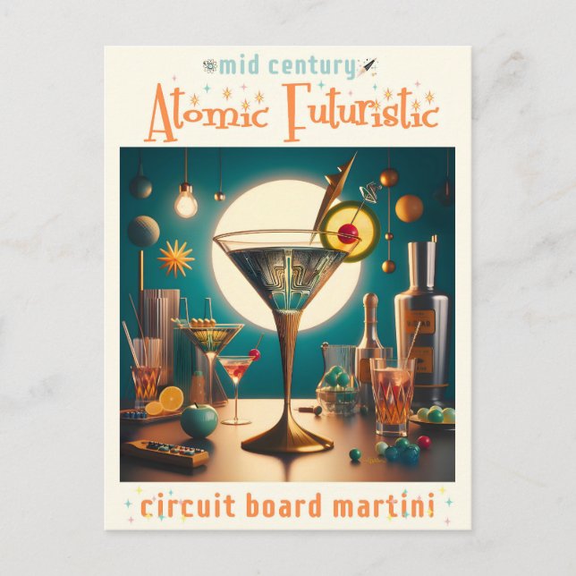 Postal Martini futurista de placa de circuito atómico (Anverso)