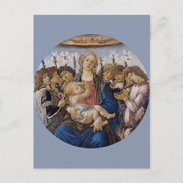Postal Mary con niño y ángeles cantantes por Botticelli (Anverso)