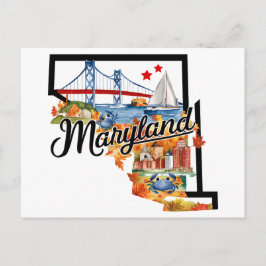 Postal Maryland EE. UU. Estado Formado Acuarela Vintage