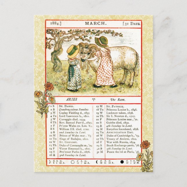 Postal Marzo 1884 Almanac.  Aries, la Ram (Anverso)