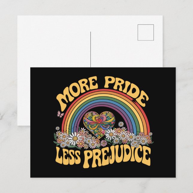Postal Más orgullo menos prejuicio retro orgullo arcoiris (Anverso / Reverso)