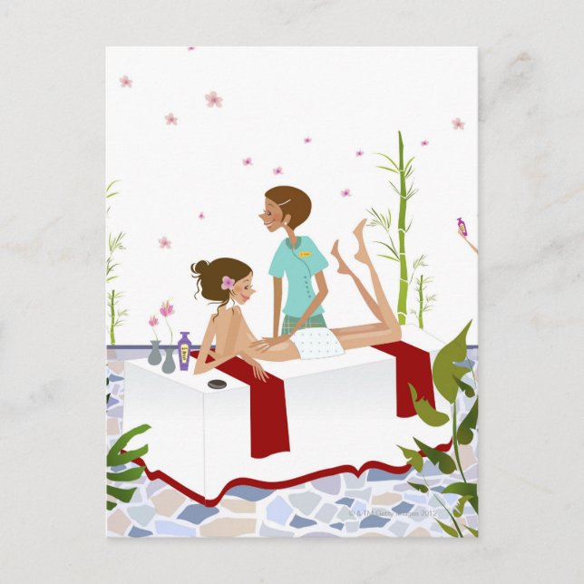 Postal Masajista terapeuta masajeando a una mujer tendida (Anverso)