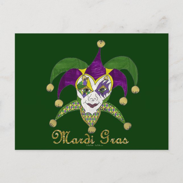 Postal Máscara colorida del Mardi Gras Jesters (Anverso)