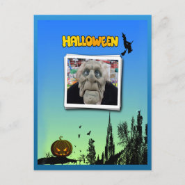 Postal Máscara de anciano, bruja voladora y Jack o Lanter