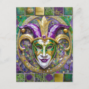 Postal Máscara de bufón de Mardi Gras verde púrpura dorad