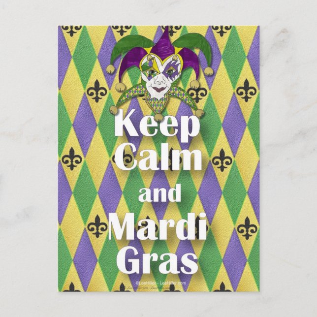 Postal Máscara de Bufón Mantén la Calma y Mardi Gras (Anverso)