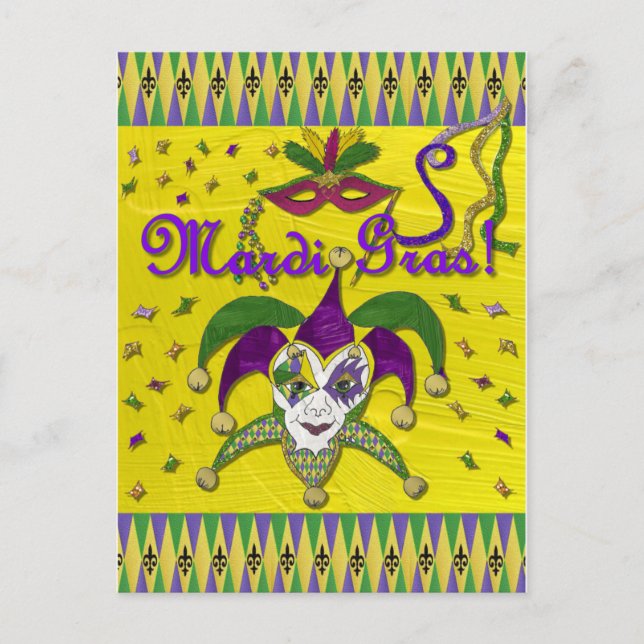 Postal Máscara de Bufón Mardi Gras Arlequín (Anverso)