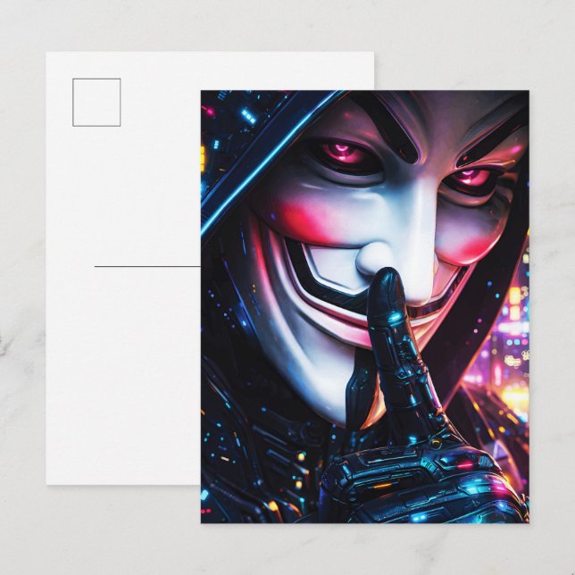 Postal Máscara de Hacker Cyberpunk Silencio Neon Respland (Anverso / Reverso)