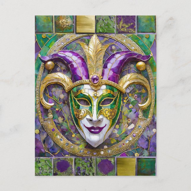 Postal Máscara de Jester Mardi Gras verde dorado (Anverso)