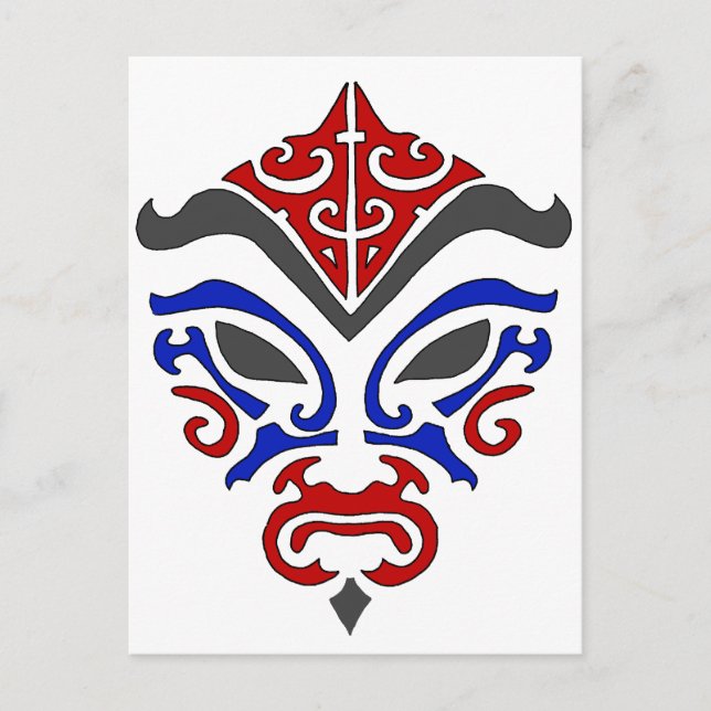 Postal Máscara de Kabuki japonesa Máscara Tribal Azul Roj (Anverso)