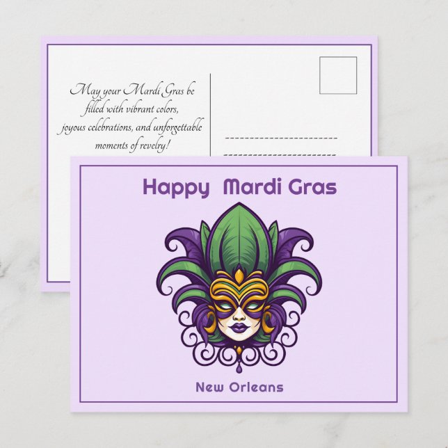 Postal Máscara de 💚 💜 💛 Mardi Gras (Anverso / Reverso)