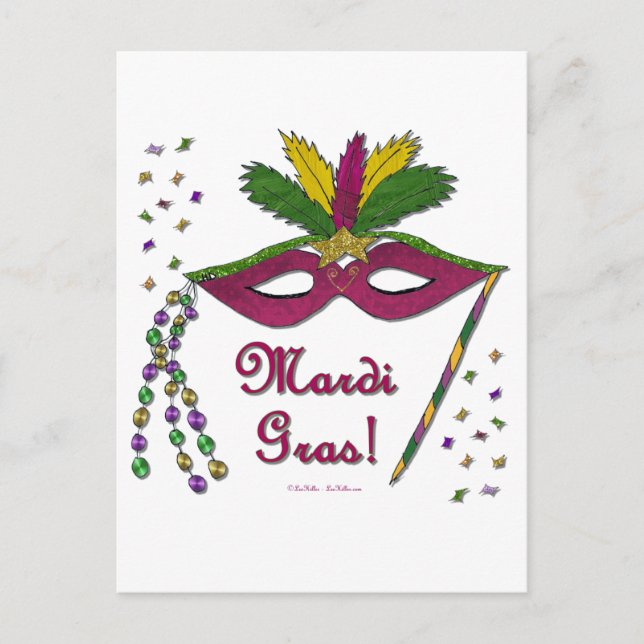 Postal Máscara de Mardi Gras Plumas Cuentas (Anverso)