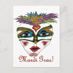 Postal Máscara de plumas brillantes Colorido Mardi Gras
