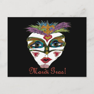 Postal Máscara de plumas brillantes de Mardi Gras colorid