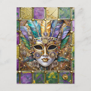 Postal Máscara de plumas de colores de oro y cerámica de