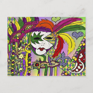 Postal Máscara de plumas de Mardi Gras psicodélico