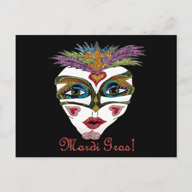 Postal Máscara de plumas de Purpurina del Mardi Gras colo (Anverso)