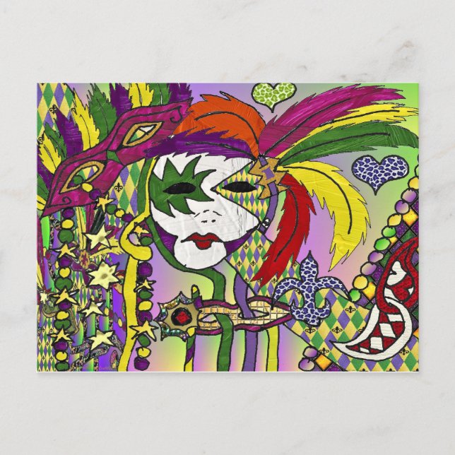 Postal Máscara de plumas del Mardi Gras psicodélico (Anverso)