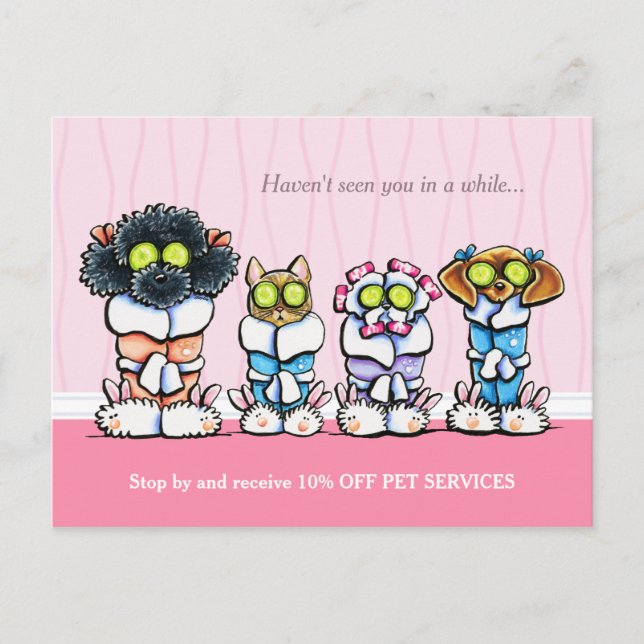 Postal Mascota Groomer Spa Perros Cat Robes Cupón Rosa Ma (Anverso)