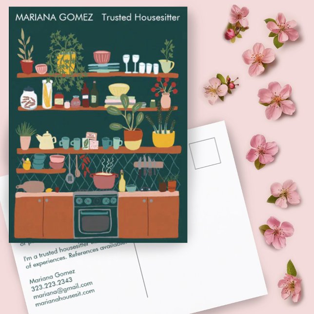 Postal Mascota sentada en casa sentada en casa lindo únic (Custom marketing postcard with a cute kitchen illustration. Add your own text to the front and back)
