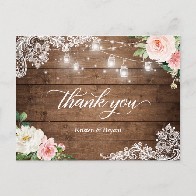 Postal Mason Jar alumbra a Boda floral ruso gracias (Anverso)
