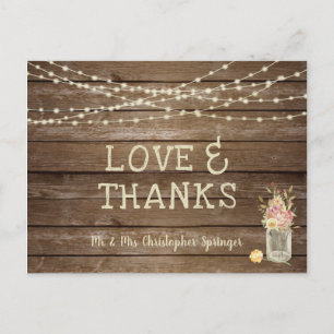 Postal Mason Jar Flowers Rústico Wood LOVE GRACIAS Boda