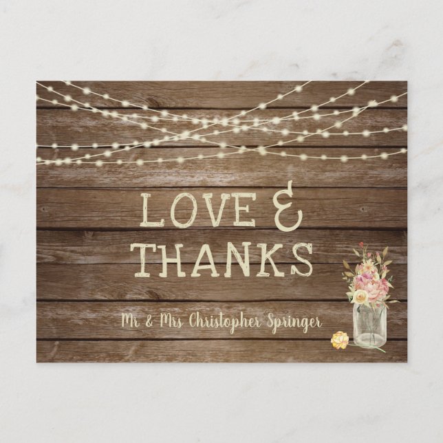 Postal Mason Jar Flowers Rústico Wood LOVE GRACIAS Boda (Anverso)